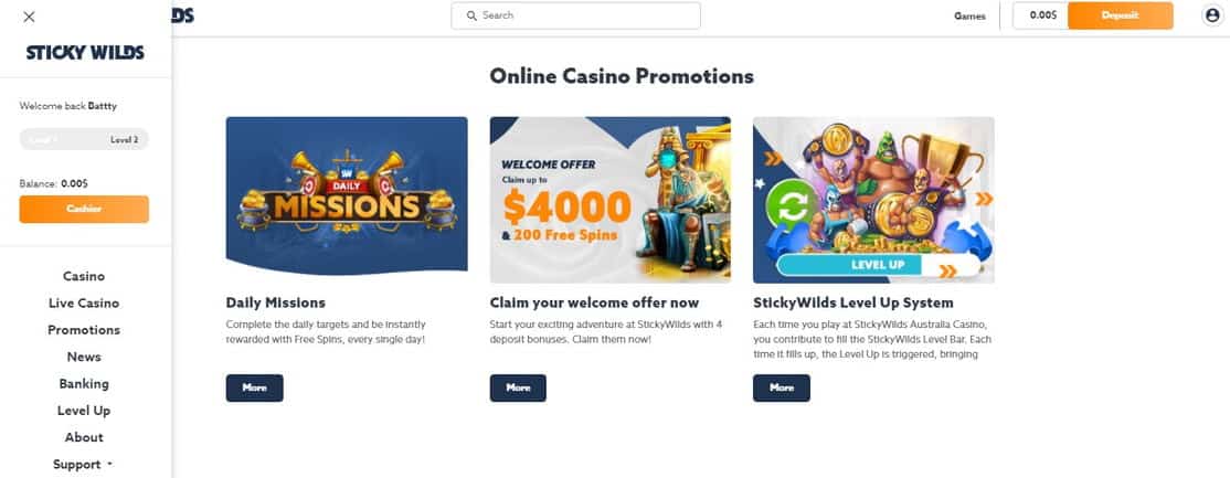 Bonus section of StickyWilds online casino.