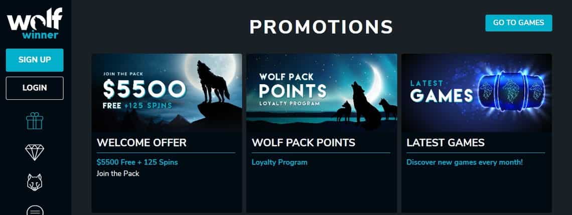 Bonuses at online casino Wolf Winner.